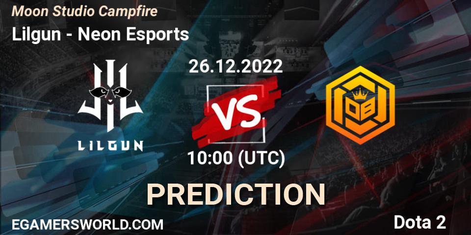 Lilgun contre Neon Esports : prédiction de match. 26.12.2022 at 10:35. Dota 2, Moon Studio Campfire