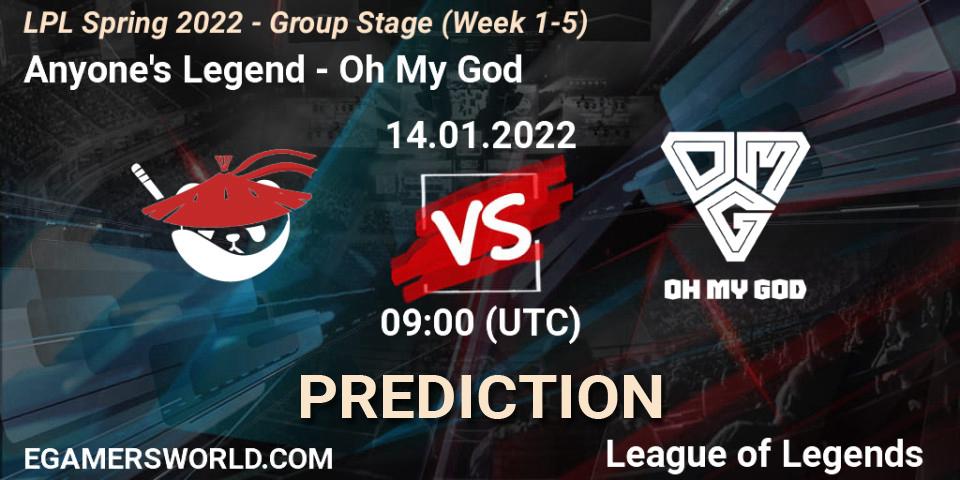 Anyone's Legend contre Oh My God : prédiction de match. 14.01.2022 at 09:00. LoL, LPL Spring 2022 - Group Stage (Week 1-5)
