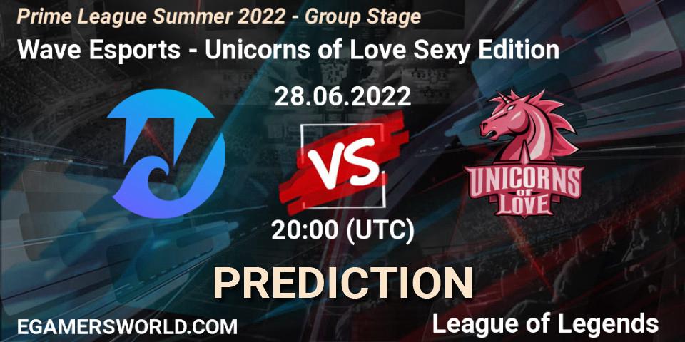 Wave Esports contre Unicorns of Love Sexy Edition : prédiction de match. 28.06.2022 at 17:00. LoL, Prime League Summer 2022 - Group Stage