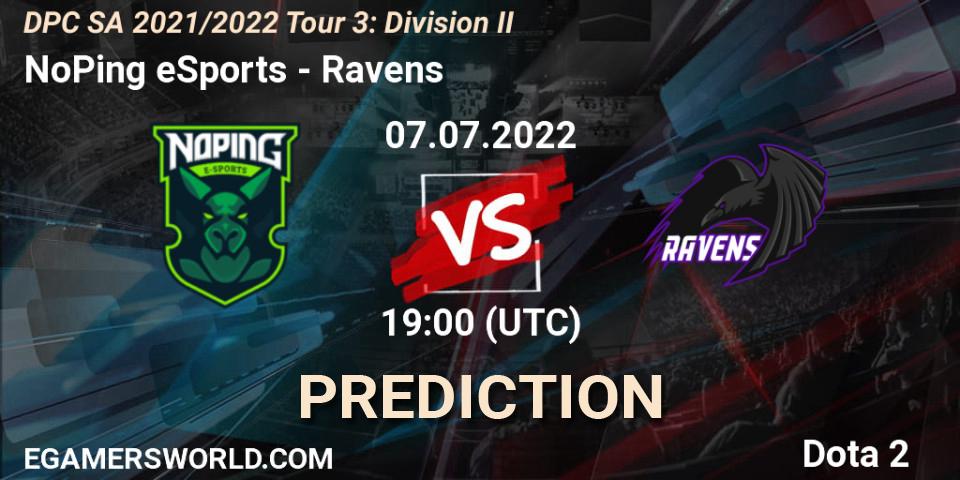 NoPing eSports contre Ravens : prédiction de match. 07.07.2022 at 19:50. Dota 2, DPC SA 2021/2022 Tour 3: Division II