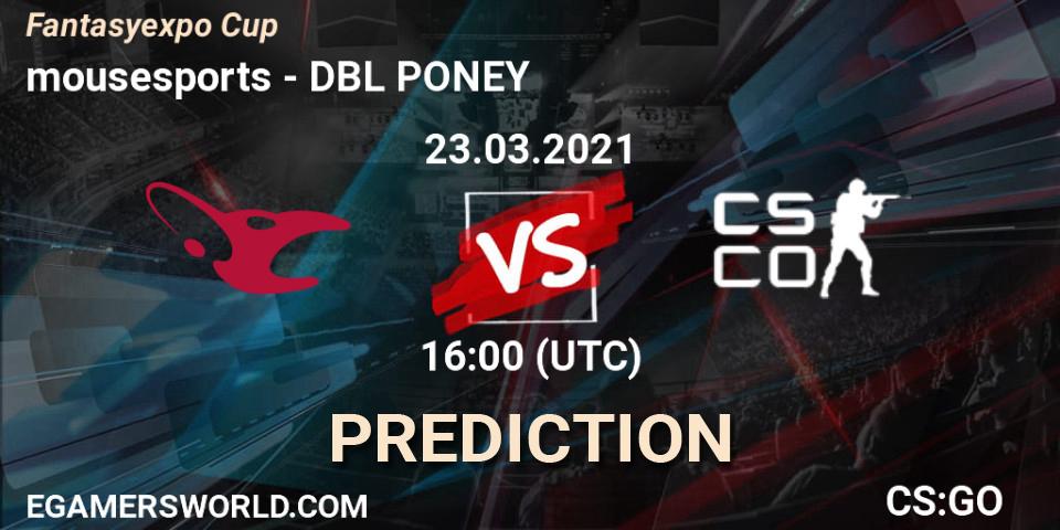 mousesports contre DBL PONEY : prédiction de match. 23.03.2021 at 16:00. Counter-Strike (CS2), Fantasyexpo Cup Spring 2021