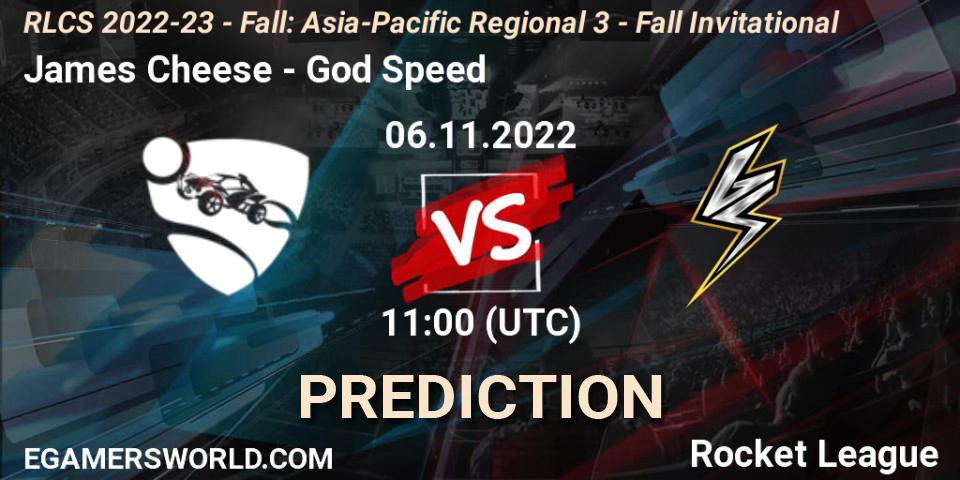 James Cheese contre God Speed : prédiction de match. 06.11.2022 at 11:00. Rocket League, RLCS 2022-23 - Fall: Asia-Pacific Regional 3 - Fall Invitational