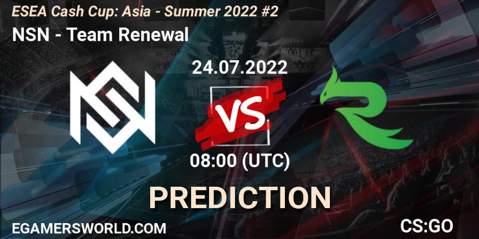 NSN contre Team Renewal : prédiction de match. 24.07.2022 at 08:00. Counter-Strike (CS2), ESEA Cash Cup: Asia - Summer 2022 #2