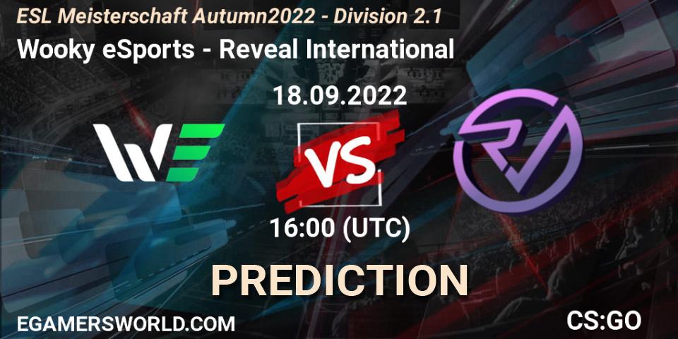 Wooky eSports contre Reveal International : prédiction de match. 18.09.2022 at 16:00. Counter-Strike (CS2), ESL Meisterschaft Autumn 2022 - Division 2.1