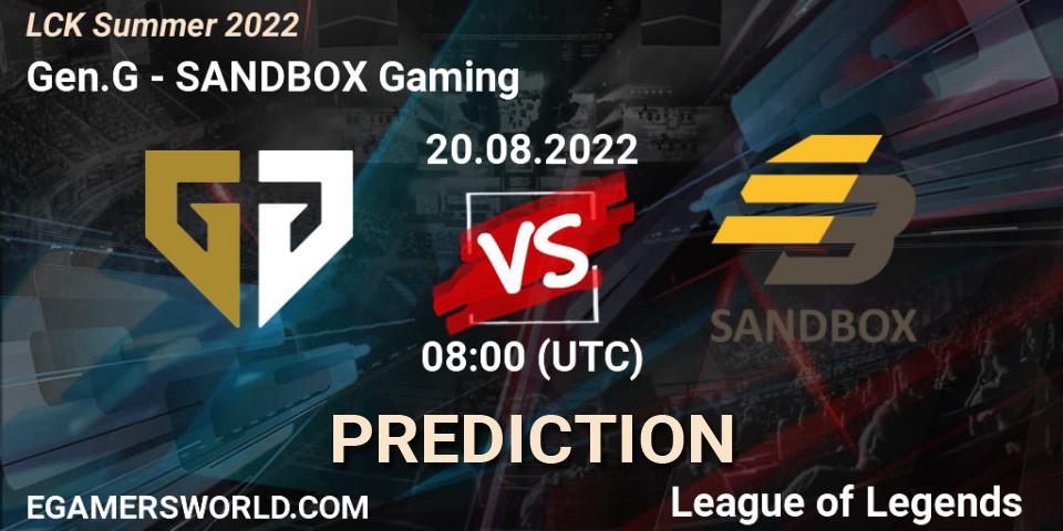 Gen.G contre SANDBOX Gaming : prédiction de match. 20.08.22. LoL, LCK Summer 2022