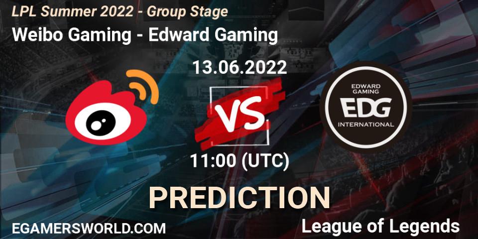 Weibo Gaming contre Edward Gaming : prédiction de match. 13.06.2022 at 11:00. LoL, LPL Summer 2022 - Group Stage