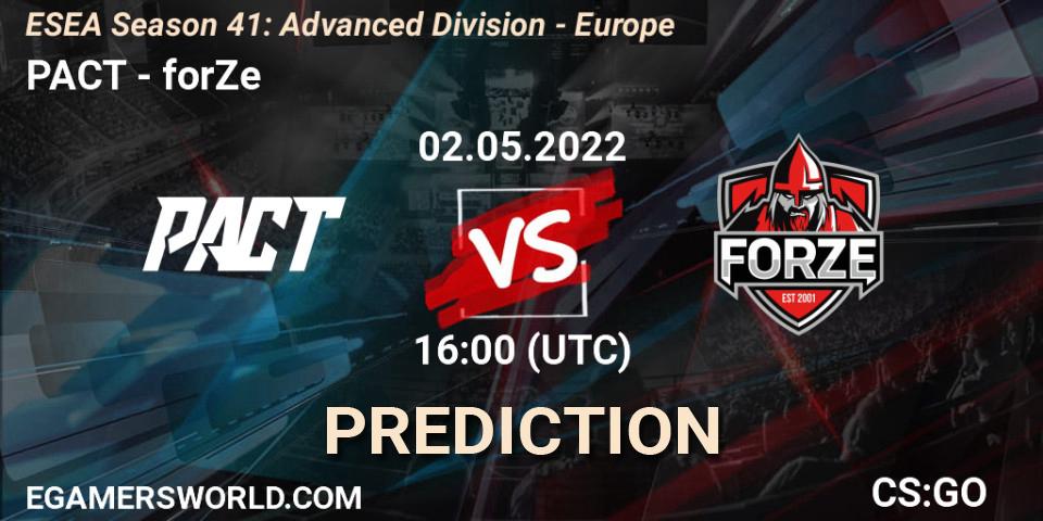 PACT contre forZe : prédiction de match. 03.06.2022 at 15:00. Counter-Strike (CS2), ESEA Season 41: Advanced Division - Europe