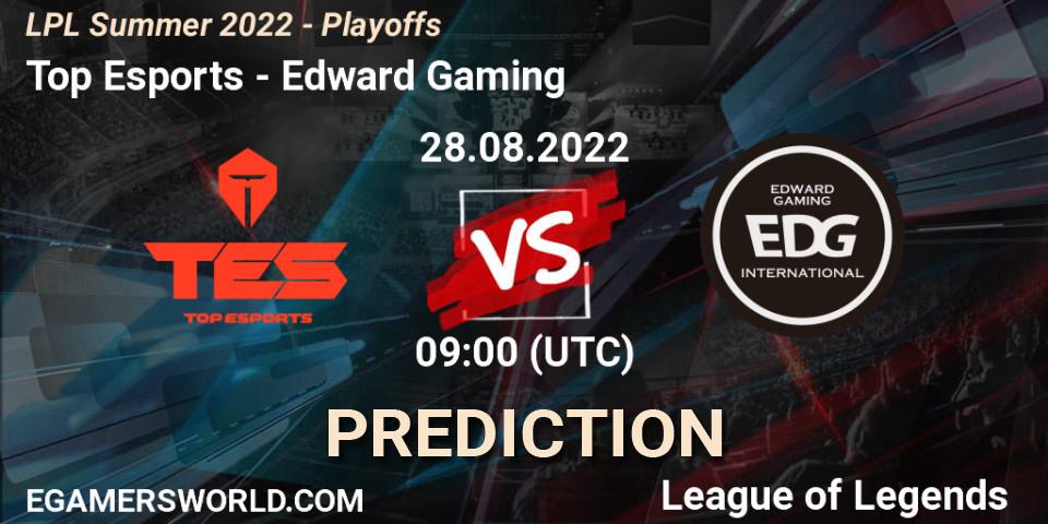 Top Esports contre Edward Gaming : prédiction de match. 28.08.2022 at 09:00. LoL, LPL Summer 2022 - Playoffs