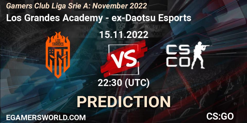 Los Grandes Academy contre ex-Daotsu Esports : prédiction de match. 15.11.2022 at 22:30. Counter-Strike (CS2), Gamers Club Liga Série A: November 2022