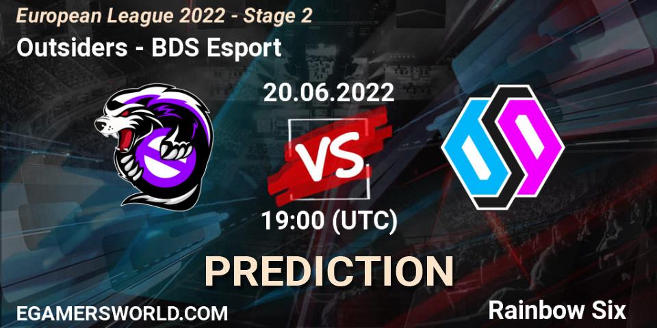 Outsiders contre BDS Esport : prédiction de match. 20.06.2022 at 19:00. Rainbow Six, European League 2022 - Stage 2