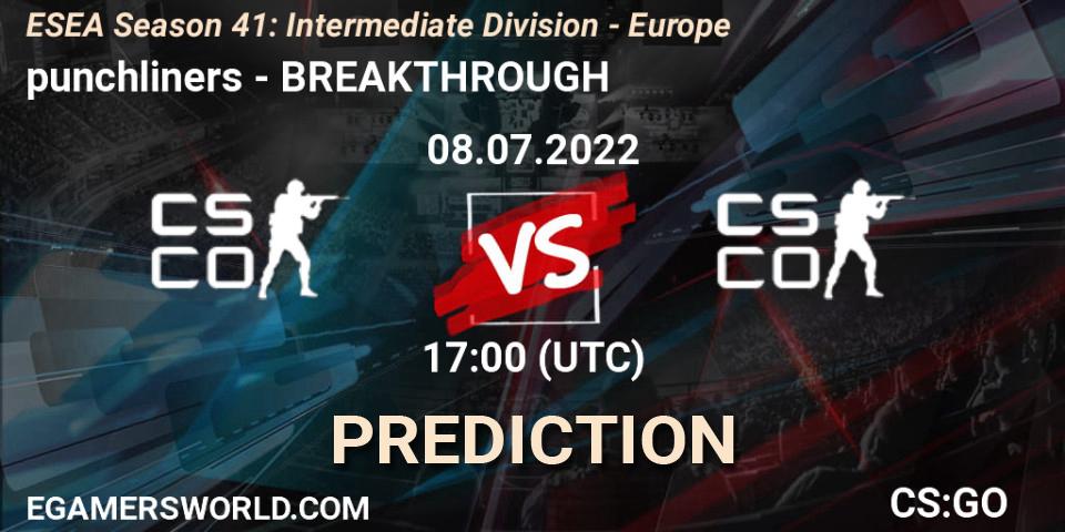 punchliners contre BREAKTHROUGH : prédiction de match. 08.07.2022 at 17:00. Counter-Strike (CS2), ESEA Season 41: Intermediate Division - Europe