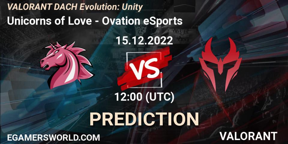 Unicorns of Love contre Ovation eSports : prédiction de match. 15.12.2022 at 12:00. VALORANT, VALORANT DACH Evolution: Unity