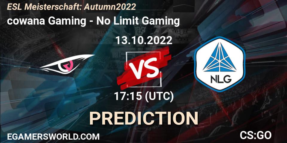 cowana Gaming contre No Limit Gaming : prédiction de match. 13.10.2022 at 17:15. Counter-Strike (CS2), ESL Meisterschaft: Autumn 2022