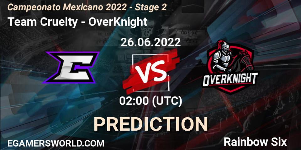 Team Cruelty contre OverKnight : prédiction de match. 26.06.2022 at 02:00. Rainbow Six, Campeonato Mexicano 2022 - Stage 2