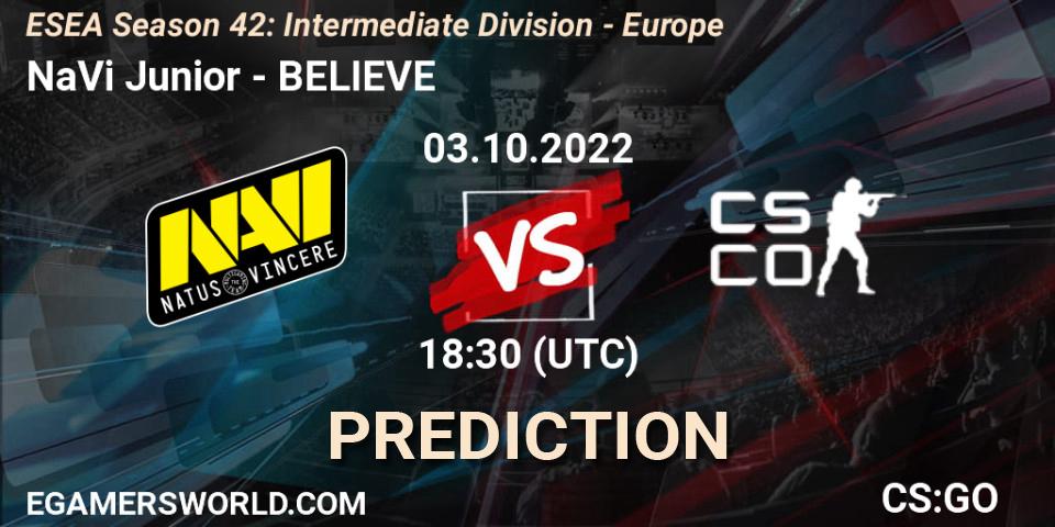 NaVi Junior contre BELIEVE : prédiction de match. 03.10.2022 at 17:00. Counter-Strike (CS2), ESEA Season 42: Intermediate Division - Europe