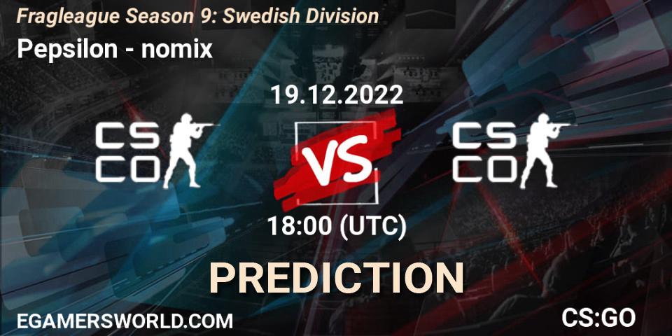 Pepsilon contre nomix : prédiction de match. 19.12.2022 at 18:00. Counter-Strike (CS2), Fragleague Season 9: Swedish Division