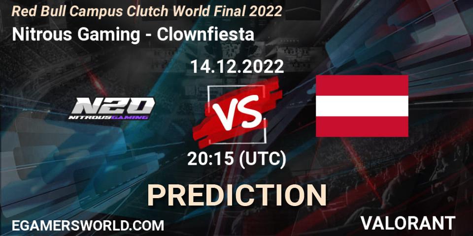 Nitrous Gaming contre Clownfiesta : prédiction de match. 14.12.2022 at 20:15. VALORANT, Red Bull Campus Clutch World Final 2022