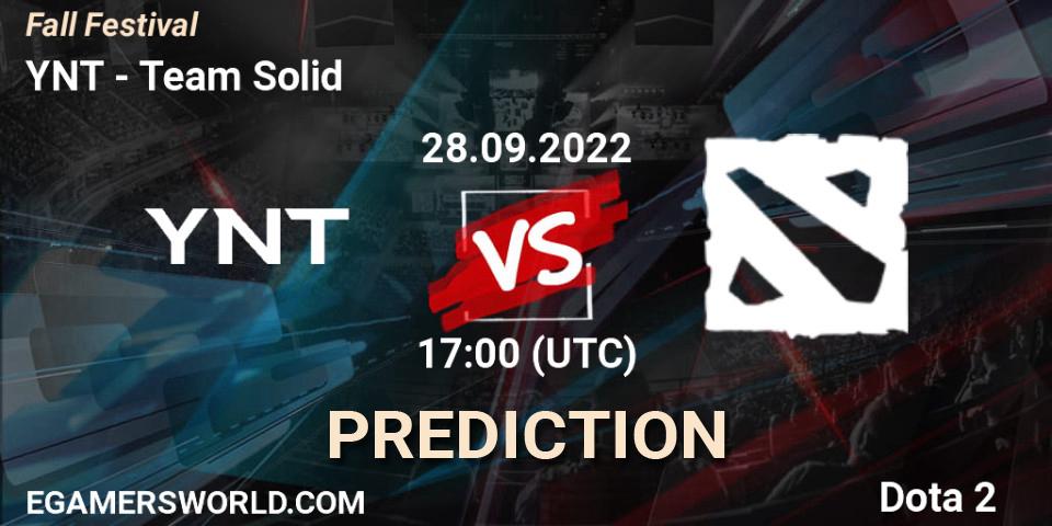 YNT contre Team Solid : prédiction de match. 28.09.2022 at 17:11. Dota 2, Fall Festival