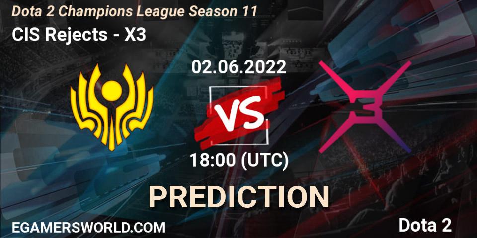 CIS Rejects contre X3 : prédiction de match. 02.06.2022 at 18:38. Dota 2, Dota 2 Champions League Season 11