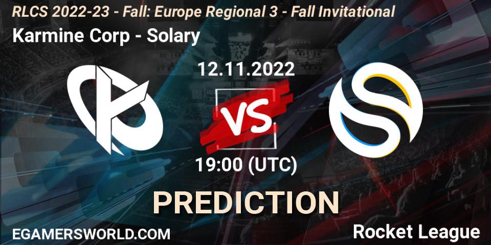 Karmine Corp contre Solary : prédiction de match. 12.11.2022 at 19:15. Rocket League, RLCS 2022-23 - Fall: Europe Regional 3 - Fall Invitational