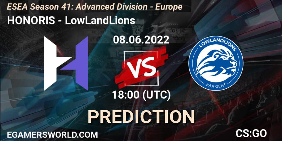 HONORIS contre LowLandLions : prédiction de match. 08.06.2022 at 18:00. Counter-Strike (CS2), ESEA Season 41: Advanced Division - Europe