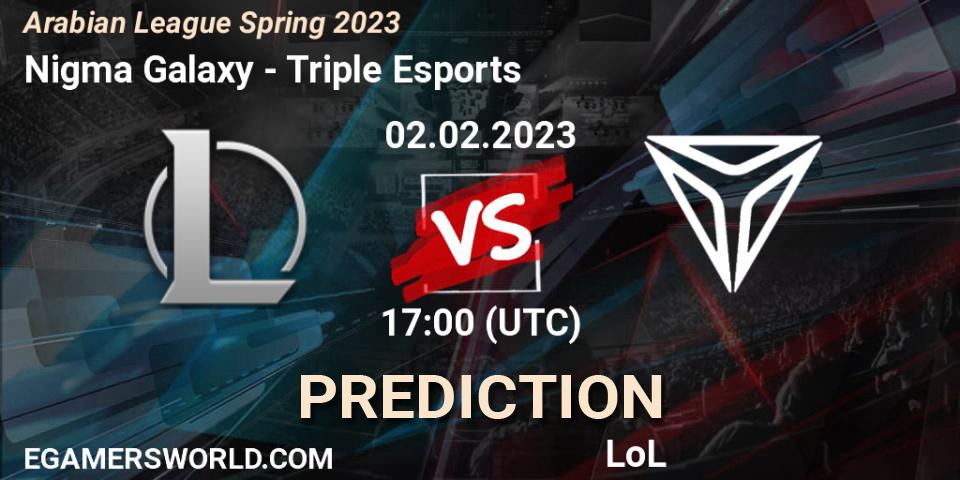 Nigma Galaxy MENA contre Triple Esports : prédiction de match. 02.02.2023 at 19:00. LoL, Arabian League Spring 2023