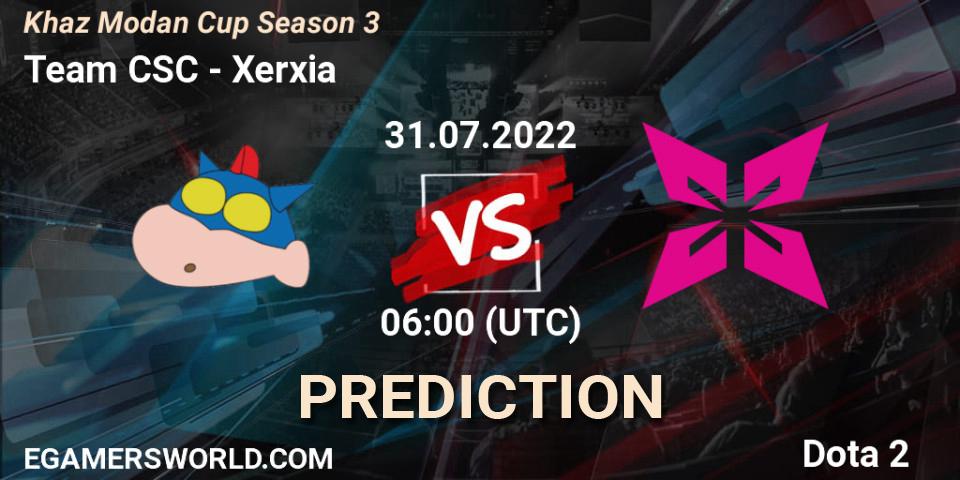 Team CSC contre Xerxia : prédiction de match. 31.07.2022 at 04:09. Dota 2, Khaz Modan Cup Season 3