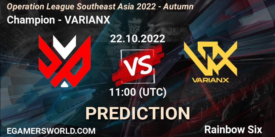Champion contre VARIANX : prédiction de match. 22.10.2022 at 11:00. Rainbow Six, Operation League Southeast Asia 2022 - Autumn
