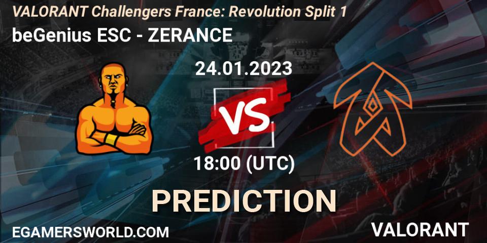 beGenius ESC contre ZERANCE : prédiction de match. 24.01.2023 at 18:10. VALORANT, VALORANT Challengers 2023 France: Revolution Split 1
