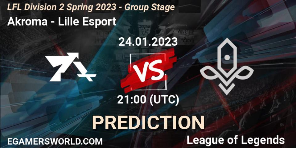 Akroma contre Lille Esport : prédiction de match. 24.01.2023 at 21:15. LoL, LFL Division 2 Spring 2023 - Group Stage