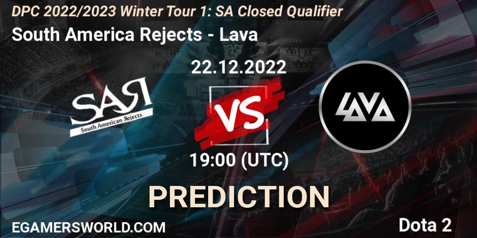 South America Rejects contre Lava : prédiction de match. 22.12.2022 at 19:01. Dota 2, DPC 2022/2023 Winter Tour 1: SA Closed Qualifier