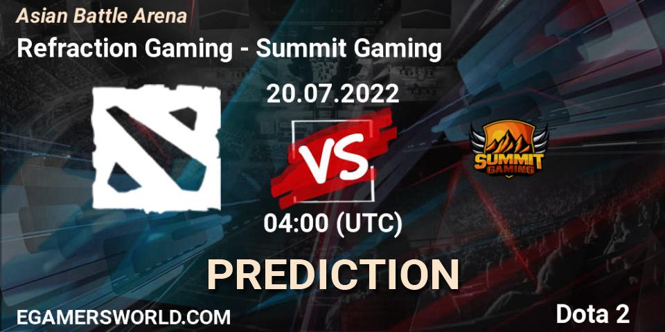 Refraction Gaming contre Summit Gaming : prédiction de match. 20.07.2022 at 04:00. Dota 2, Asian Battle Arena