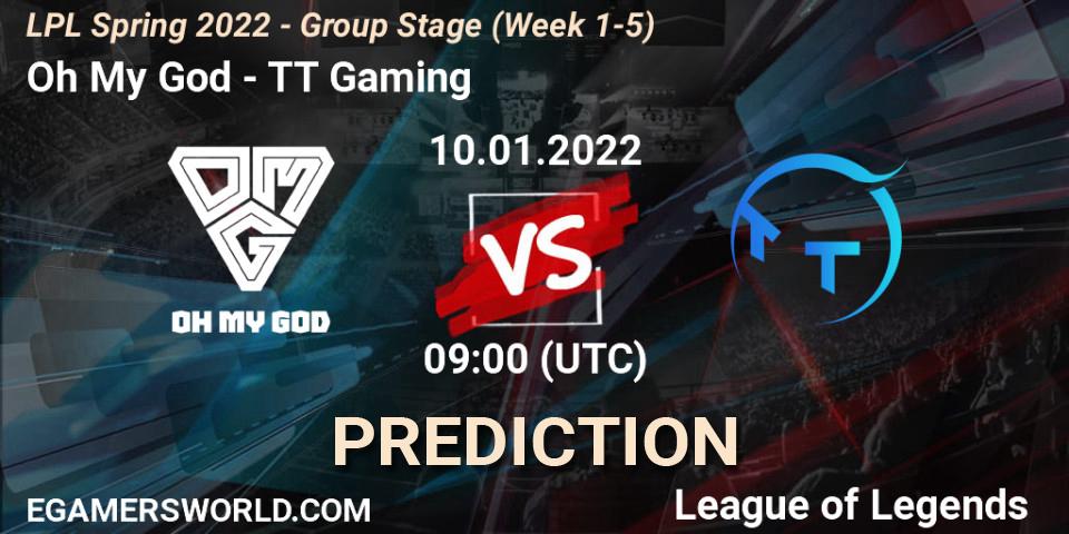 Oh My God contre TT Gaming : prédiction de match. 10.01.2022 at 09:00. LoL, LPL Spring 2022 - Group Stage (Week 1-5)