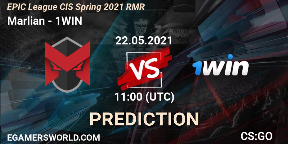 Marlian contre 1WIN : prédiction de match. 22.05.2021 at 11:00. Counter-Strike (CS2), EPIC League CIS Spring 2021 RMR