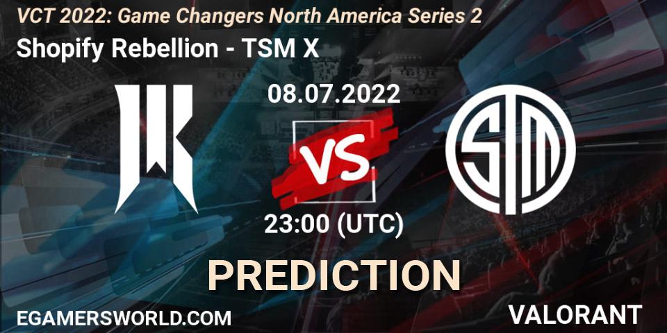 Shopify Rebellion contre TSM X : prédiction de match. 08.07.2022 at 22:30. VALORANT, VCT 2022: Game Changers North America Series 2