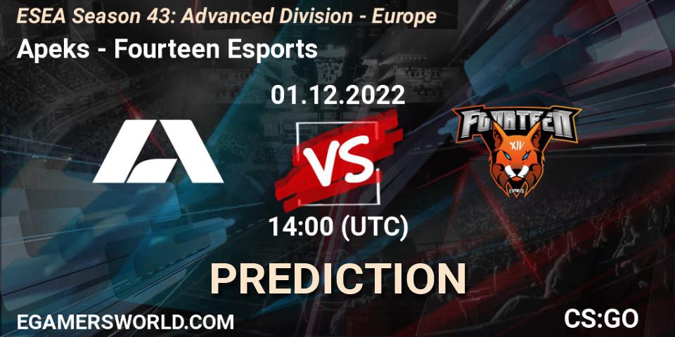 Apeks contre Fourteen Esports : prédiction de match. 01.12.22. CS2 (CS:GO), ESEA Season 43: Advanced Division - Europe