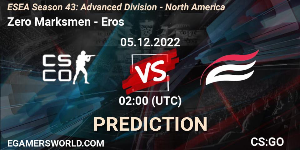 Zero Marksmen contre Eros : prédiction de match. 05.12.2022 at 02:00. Counter-Strike (CS2), ESEA Season 43: Advanced Division - North America