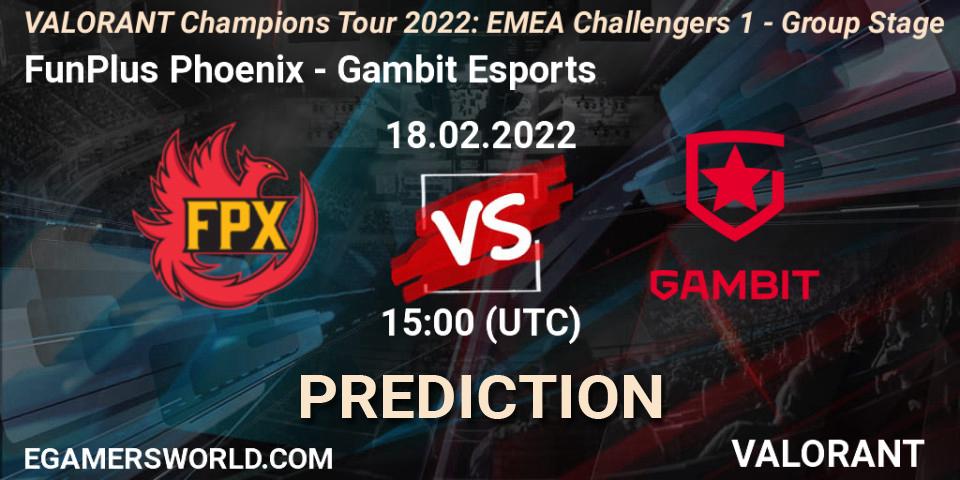 FunPlus Phoenix contre Gambit Esports : prédiction de match. 18.02.2022 at 15:00. VALORANT, VCT 2022: EMEA Challengers 1 - Group Stage