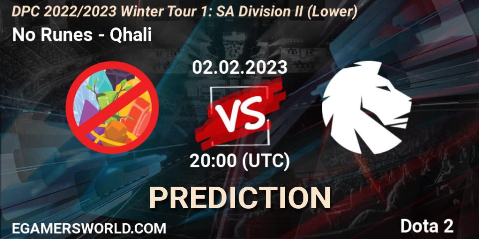 No Runes contre Qhali : prédiction de match. 02.02.23. Dota 2, DPC 2022/2023 Winter Tour 1: SA Division II (Lower)