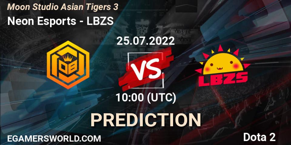 Neon Esports contre LBZS : prédiction de match. 25.07.2022 at 10:11. Dota 2, Moon Studio Asian Tigers 3