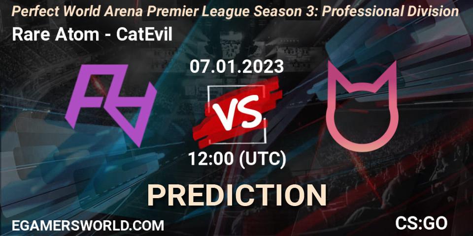 Rare Atom contre CatEvil : prédiction de match. 07.01.2023 at 12:00. Counter-Strike (CS2), Perfect World Arena Premier League Season 3: Professional Division
