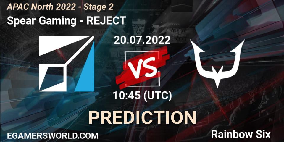 Spear Gaming contre REJECT : prédiction de match. 20.07.2022 at 10:45. Rainbow Six, APAC North 2022 - Stage 2