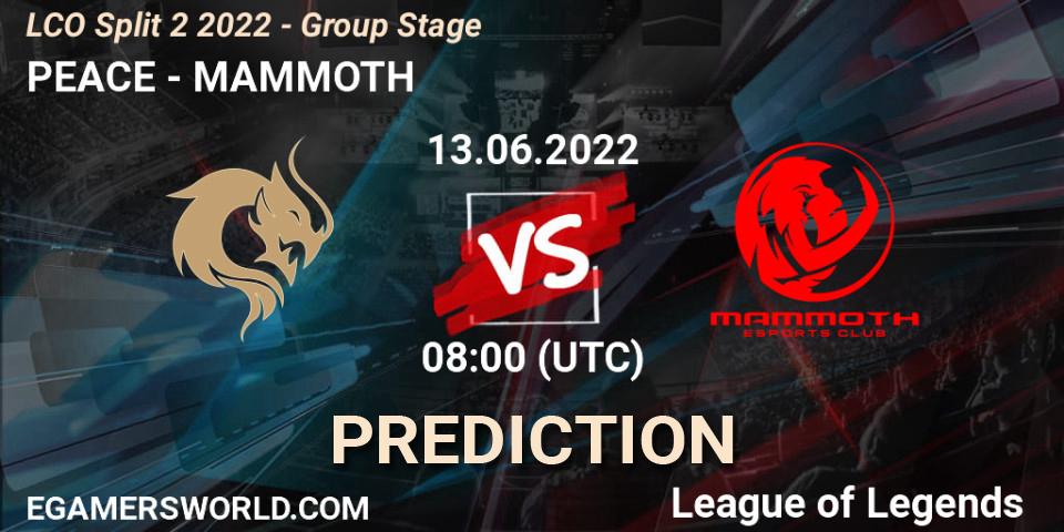 PEACE contre MAMMOTH : prédiction de match. 13.06.2022 at 08:00. LoL, LCO Split 2 2022 - Group Stage