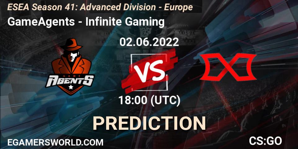 GameAgents contre Infinite Gaming : prédiction de match. 02.06.2022 at 18:00. Counter-Strike (CS2), ESEA Season 41: Advanced Division - Europe