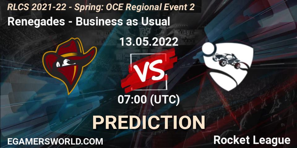 Renegades contre Business as Usual : prédiction de match. 13.05.22. Rocket League, RLCS 2021-22 - Spring: OCE Regional Event 2