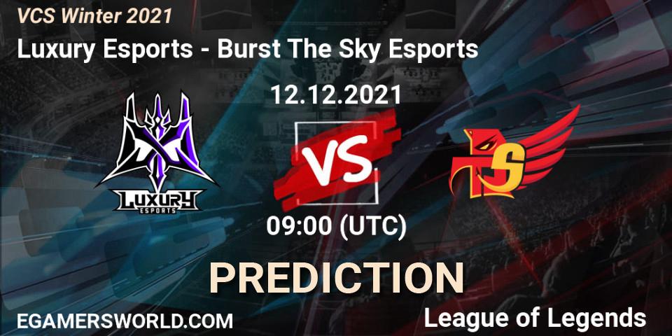 Luxury Esports contre Burst The Sky Esports : prédiction de match. 12.12.2021 at 07:00. LoL, VCS Winter 2021