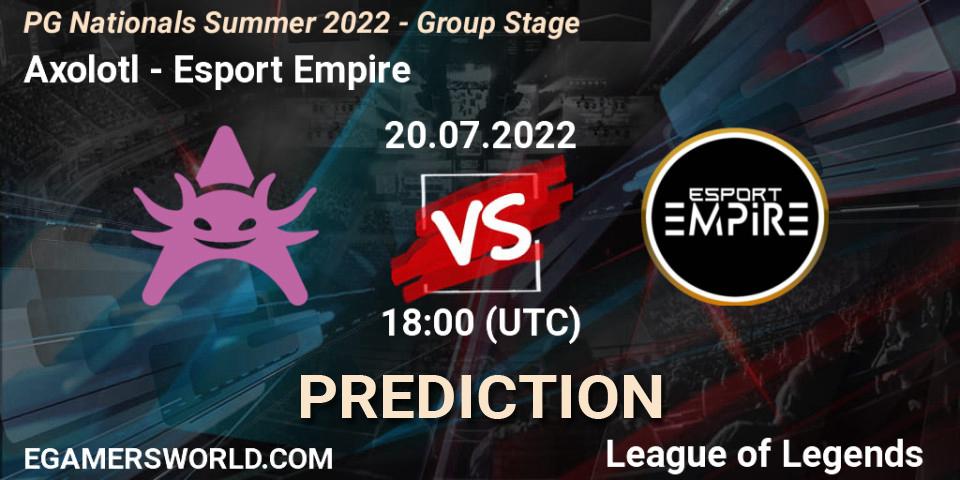 Axolotl contre Esport Empire : prédiction de match. 20.07.2022 at 18:00. LoL, PG Nationals Summer 2022 - Group Stage