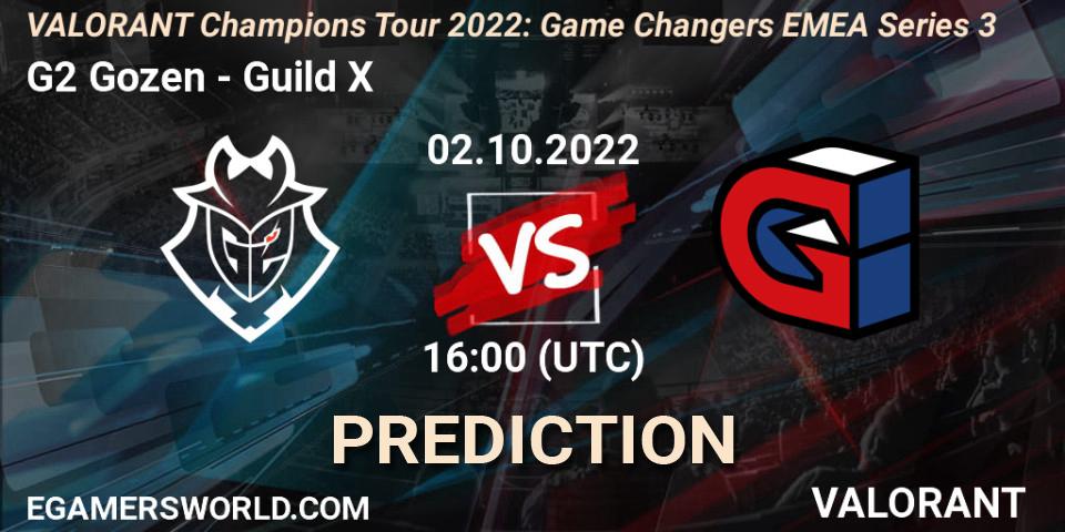 G2 Gozen contre Guild X : prédiction de match. 02.10.2022 at 16:00. VALORANT, VCT 2022: Game Changers EMEA Series 3