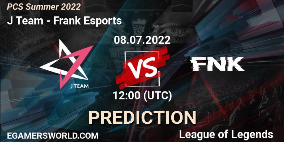 J Team contre Frank Esports : prédiction de match. 08.07.2022 at 12:00. LoL, PCS Summer 2022