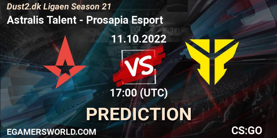 Astralis Talent contre Prosapia Esport : prédiction de match. 11.10.2022 at 17:00. Counter-Strike (CS2), Dust2.dk Ligaen Season 21